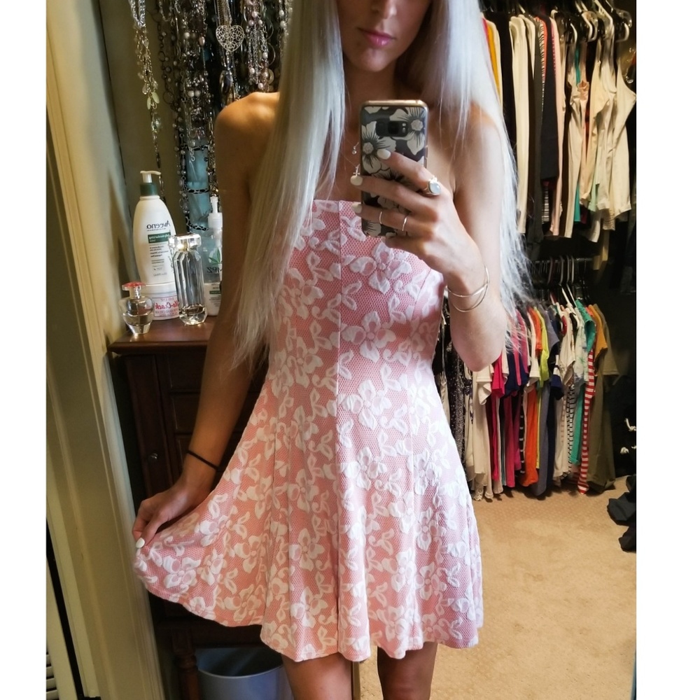 Peach & White Floral Strapless Dress